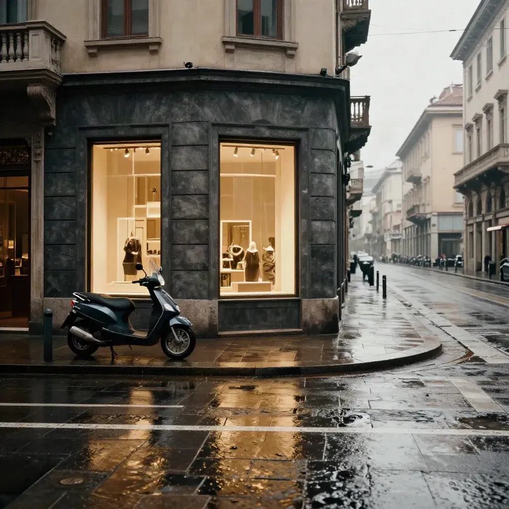 Angolo milanese bagnato con boutique luminosa, scooter e riflessi di tram dopo la pioggia.