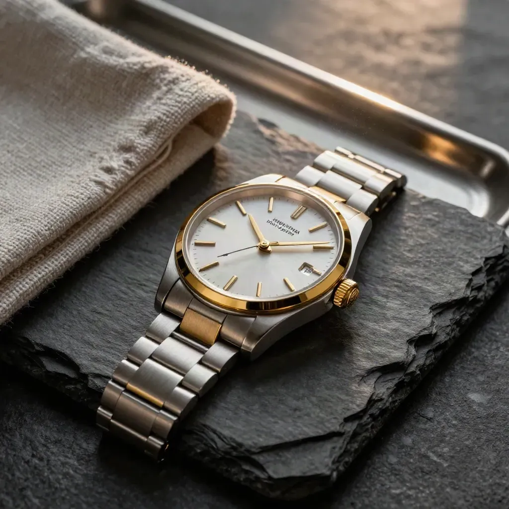 Orologio bicolore oro e acciaio su ardesia, con luce dell’alba e tessuti morbidi.