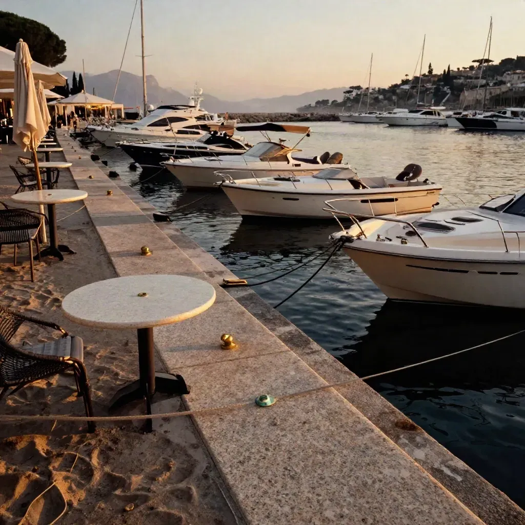Molo di Porto Cervo al tramonto con yacht, tavoli del club e ombrelloni chiusi sul mare.