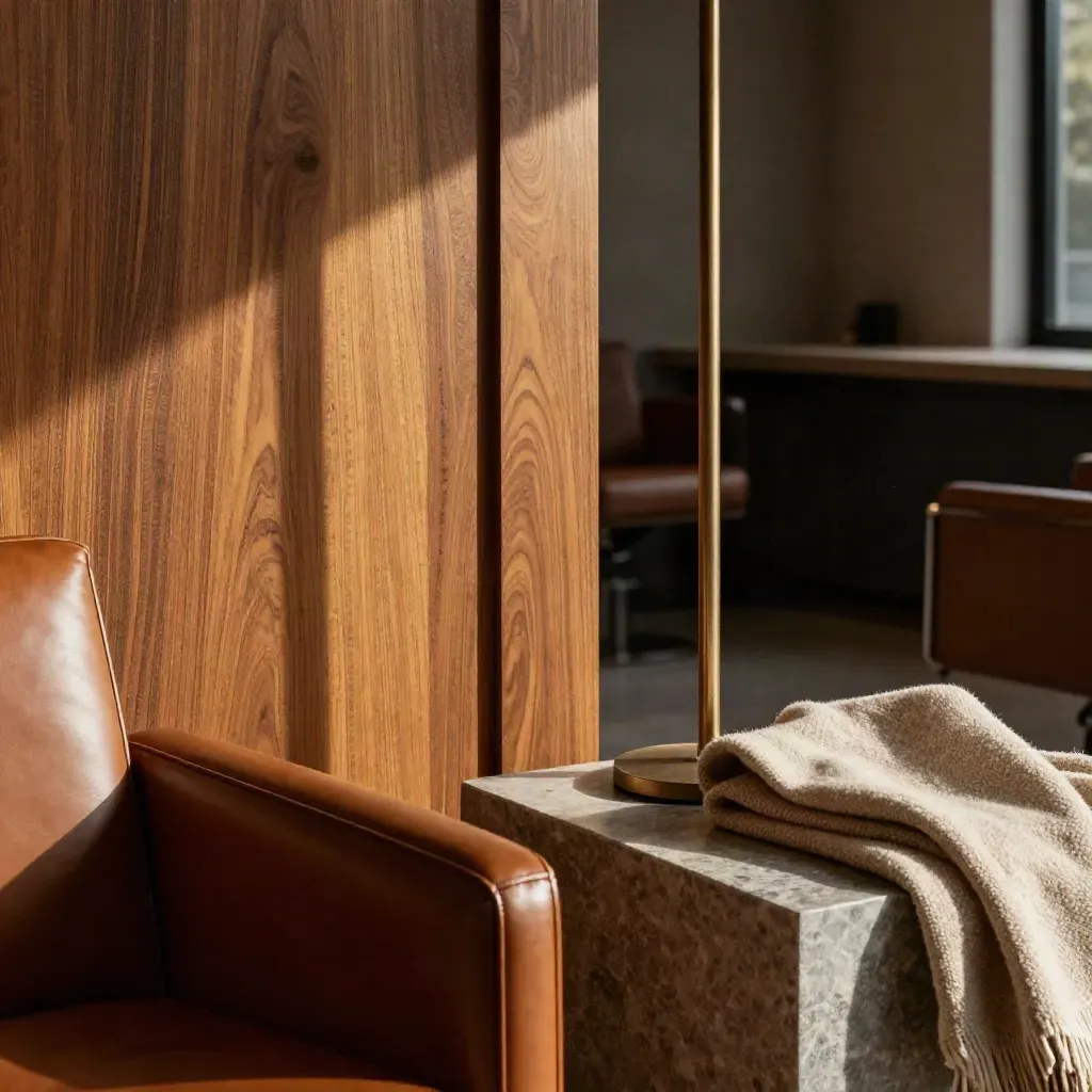 Salotto in noce con poltrona in pelle, tavolino in pietra e lampada bronzea nella luce del tardo pomeriggio.