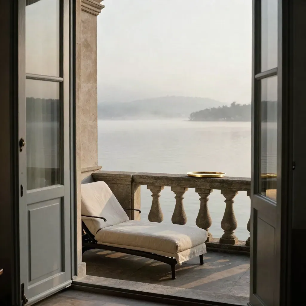 Suite sul lago all’alba con persiane aperte, pontile, nebbiolina e acqua immobile.