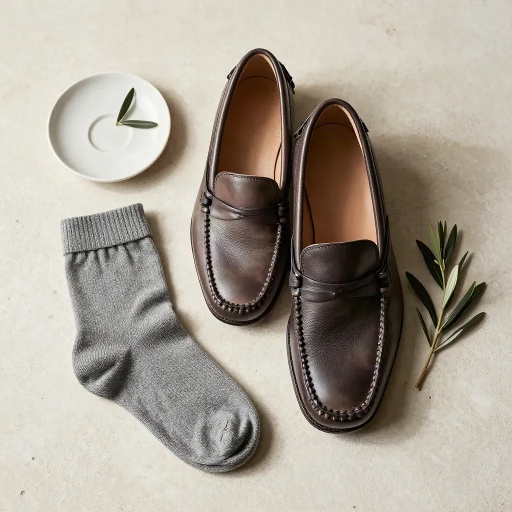 Mocassino in pelle, calza di lana, piattino in ceramica e ramoscello d'olivo su pietra.